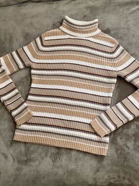 Cream Tan Brown Striped Turtleneck Roll-down Sweater